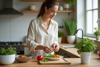 Jeune femme préparant une salade dans une cuisine moderne