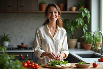 Femme préparant une salade keto avec mozzarella dans la cuisine