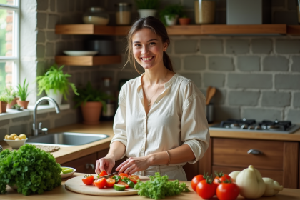 Femme souriante préparant une salade bio dans une cuisine rustique