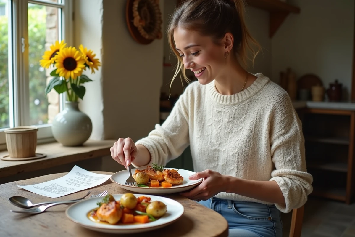 Jeune femme dressant la couille de mouton dans une cuisine chaleureuse