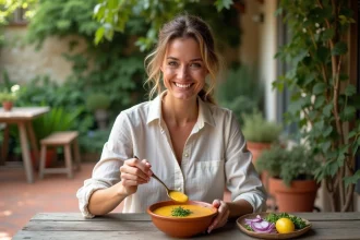 Femme dégustant une soupe pistou dans un jardin provençal