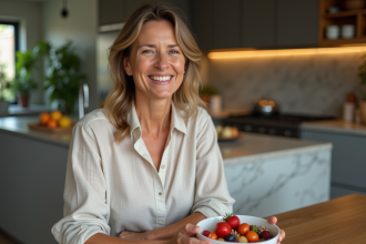 Femme souriante avec bol de fruits dans une cuisine moderne