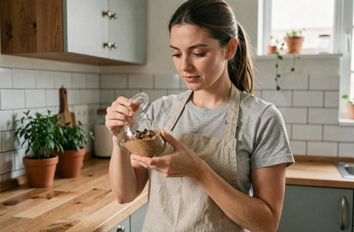 Femme végétarienne examinant un pot de farine d'insectes dans une cuisine moderne