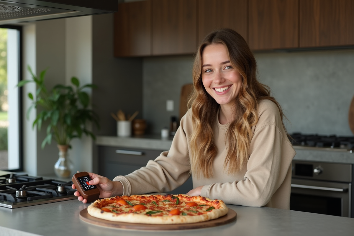 Jeune femme vérifiant le temps de cuisson de la pizza