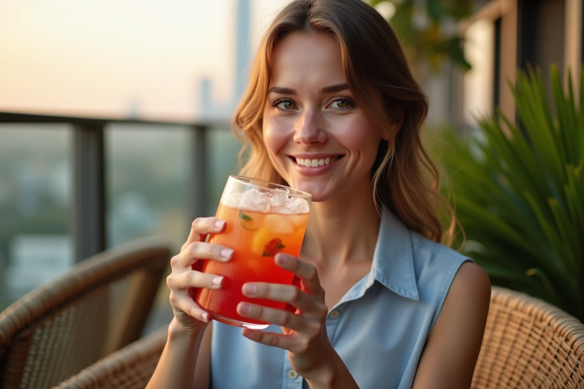 Femme souriante tenant un verre de punch glacé