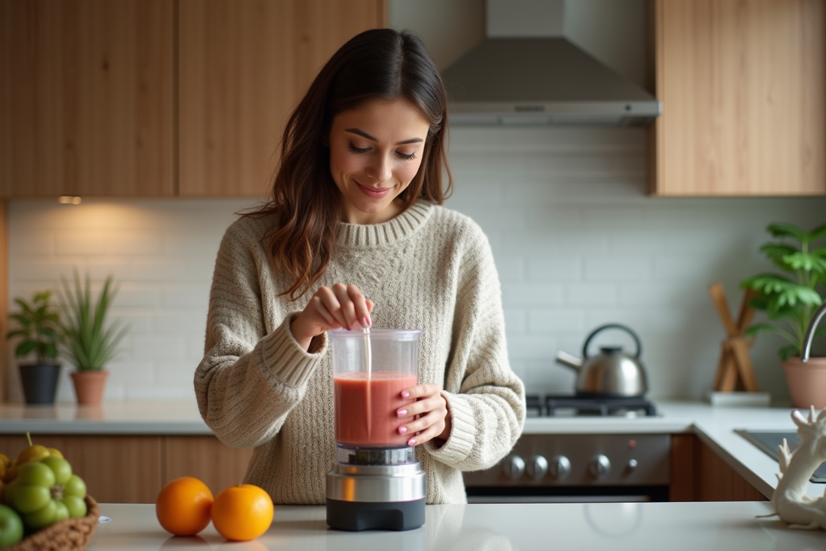 Femme versant un smoothie dans un verre dans une cuisine moderne