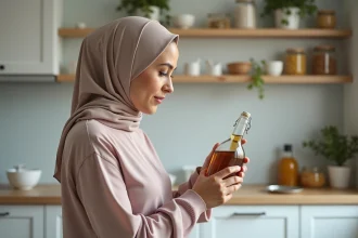 Femme lisant une étiquette de vinaigre dans une cuisine chaleureuse