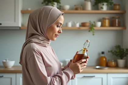 Femme lisant une étiquette de vinaigre dans une cuisine chaleureuse