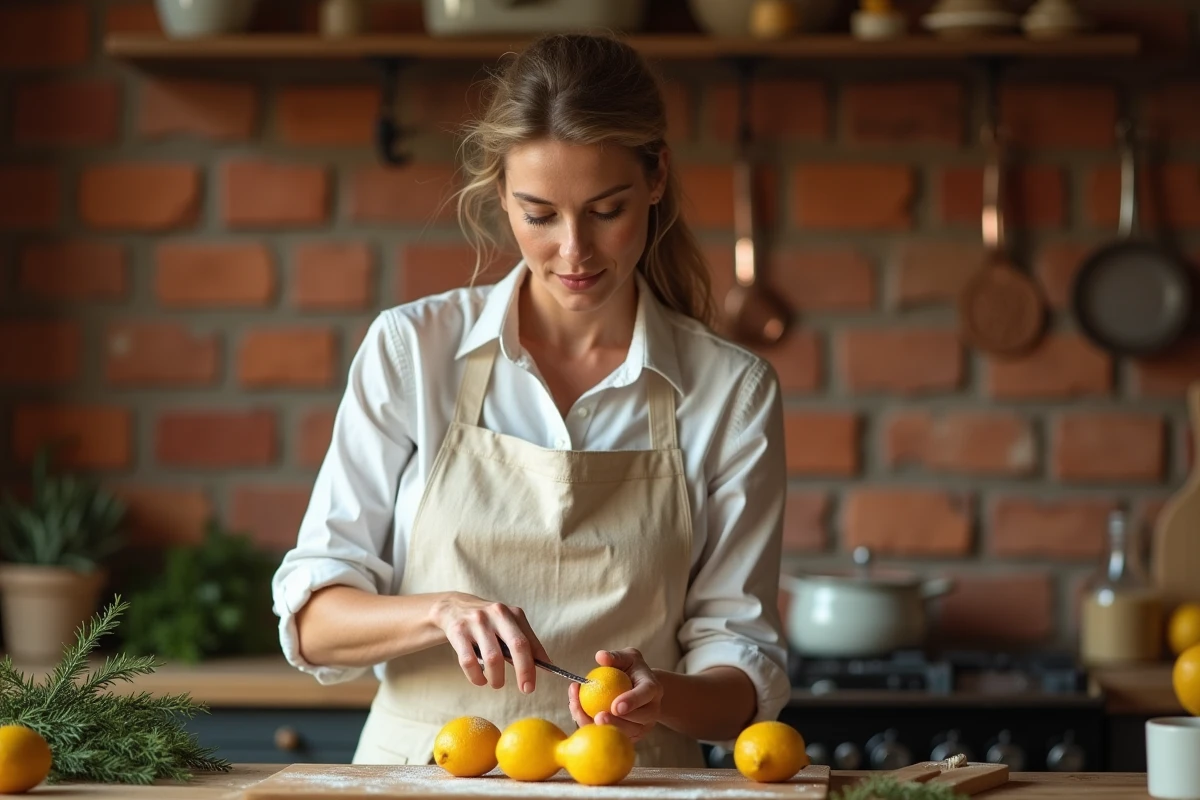 Femme râpant un citron jaune sur une planche en bois dans une cuisine rustique en hiver
