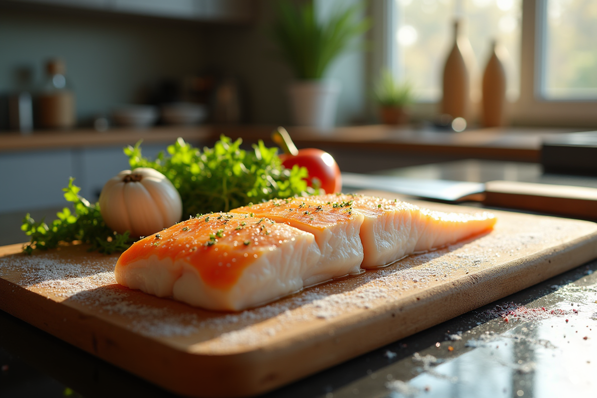 Filet de cod cru dans une cuisine moderne avec erreurs de cuisson