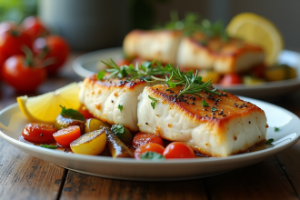 Filet de cod cuit parfaitement présenté sur une assiette blanche