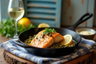 Filet de julienne doré à la poêle en fonte avec câpres, persil frais et citron, servi dans un bistrot de bord de mer