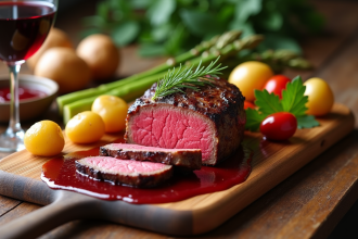 Filet mignon tranché avec légumes et sauce rouge