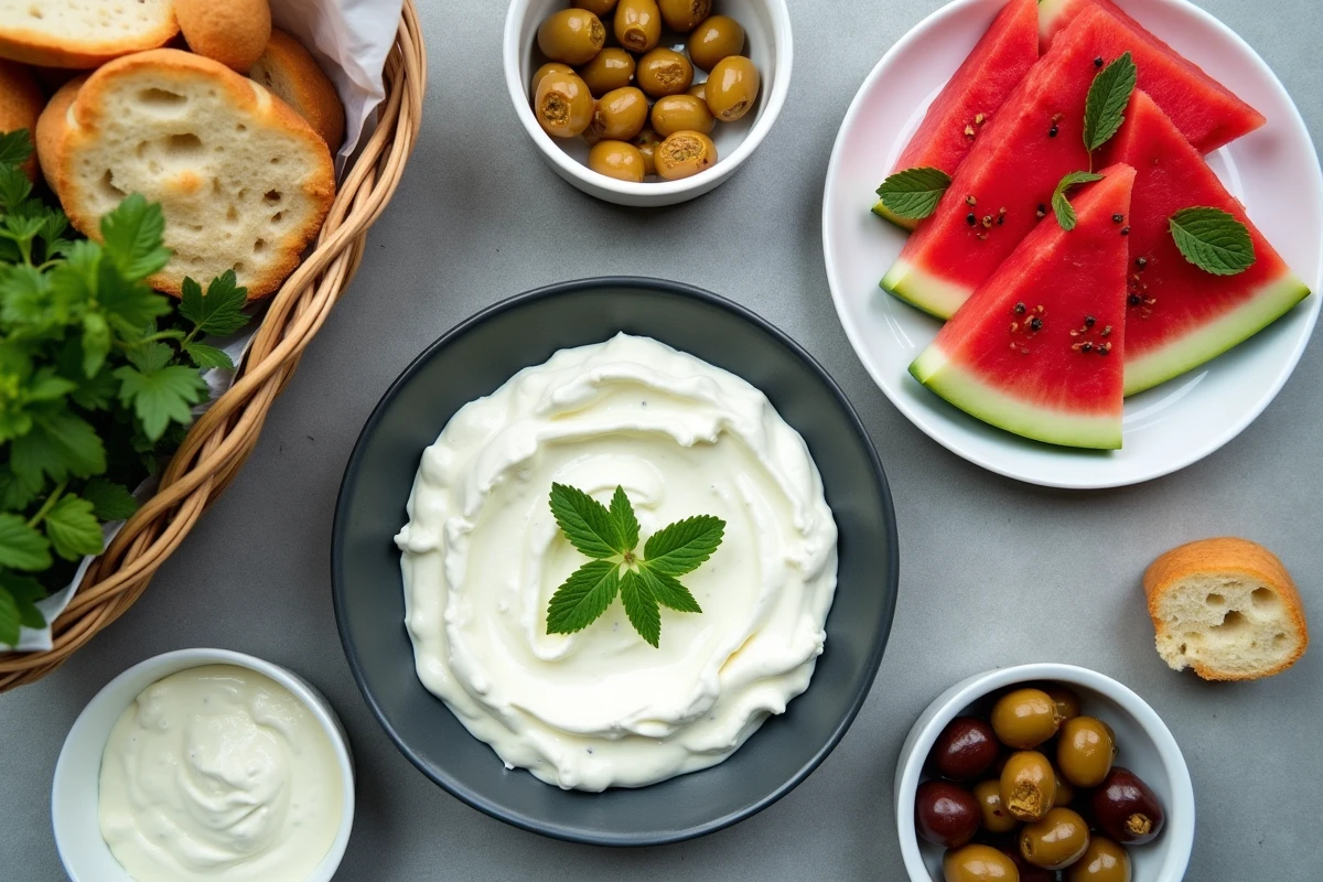 Vue du dessus d'accompagnements rapides pour barbecue avec tzatziki, pastèque et pain pita sur table en béton