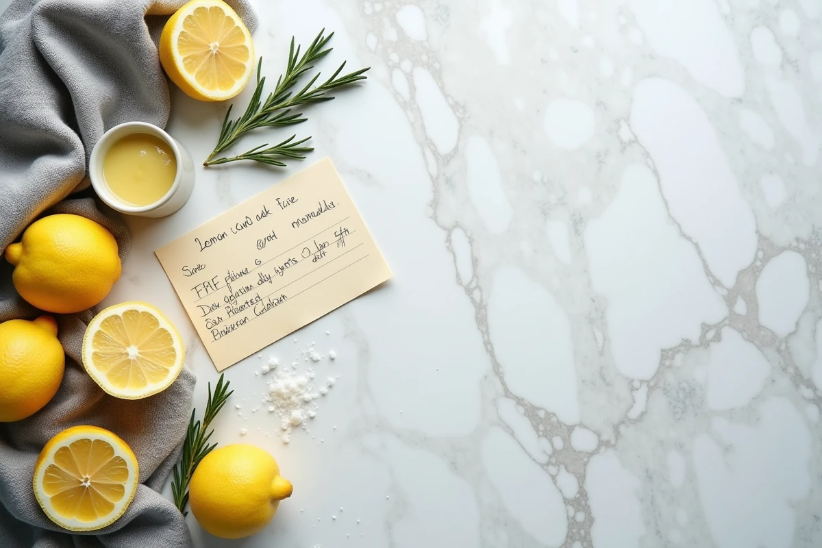 Composition à plat de citrons frais, herbes aromatiques et pot de lemon curd sur marbre blanc