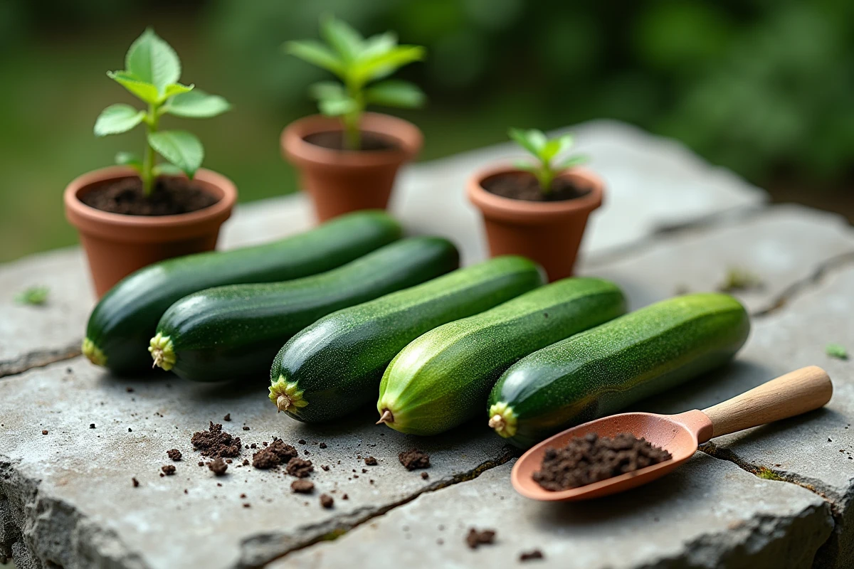 Flat-lay de courgettes fraîches avec un pot de semis et une truelle sur une table en pierre au jardin