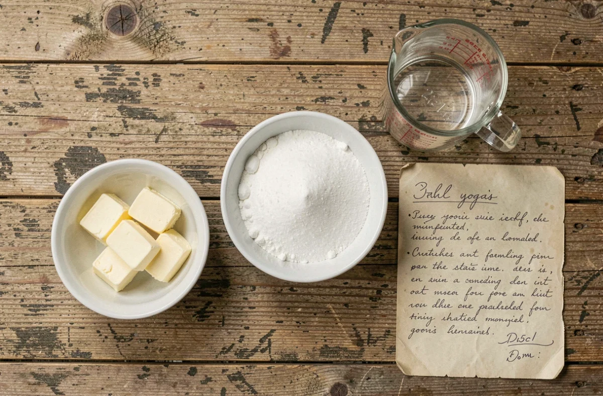 Vue aérienne de farine, sucre et beurre dans des bols en céramique avec un verre doseur, guide de conversion en cuisine