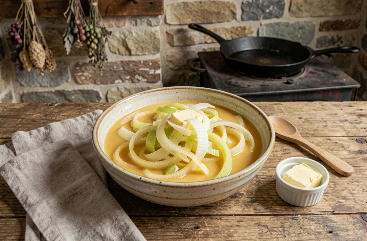 Fondue de poireaux au beurre demi-sel dans un bol en céramique rustique posé sur une table en chêne de cuisine bretonne
