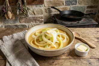 Fondue de poireaux au beurre demi-sel dans un bol en céramique rustique posé sur une table en chêne de cuisine bretonne