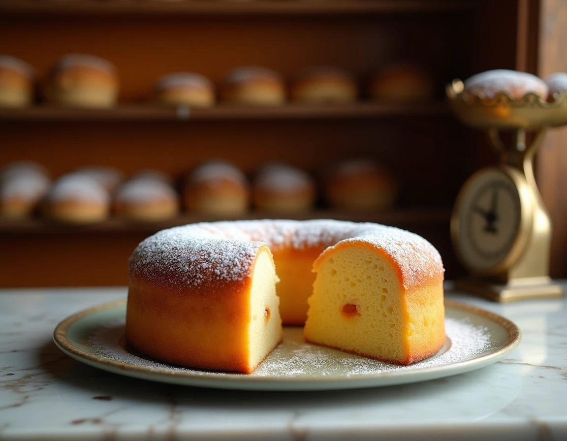 Tranche de gâteau espagnol moelleux bizcocho sur assiette en céramique dans une boulangerie traditionnelle de Madrid