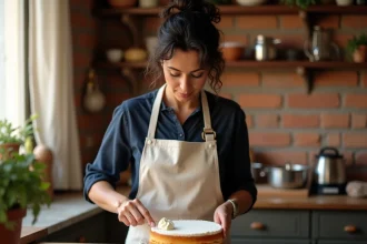 Femme espagnole préparant un gâteau moelleux traditionnel dans une cuisine madrilène aux carreaux de terracotta
