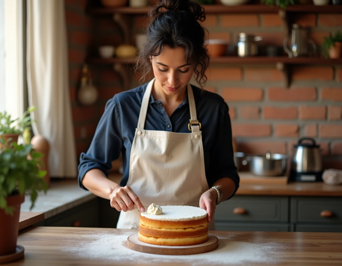 Femme espagnole préparant un gâteau moelleux traditionnel dans une cuisine madrilène aux carreaux de terracotta