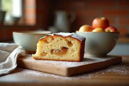 Gâteau moelleux à la compote de pomme coupé en tranche sur une planche en bois rustique avec sucre glace
