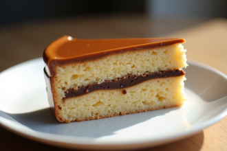 Gâteau opera tranché avec couches visibles sur assiette blanche