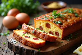 Gâteau salé au chorizo tranché sur une planche en bois
