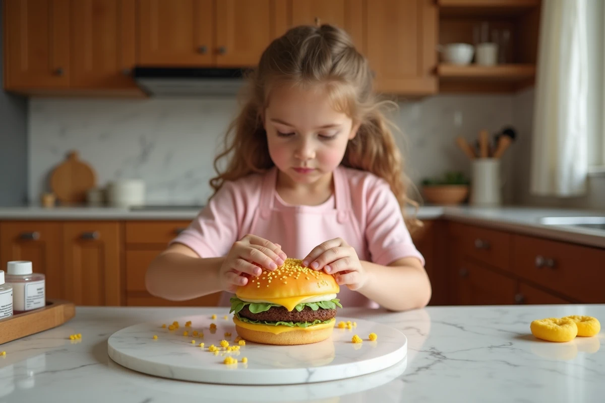 Jeune fille décorant un gâteau trompe l'oeil en forme de cheeseburger dans une cuisine familiale chaleureuse