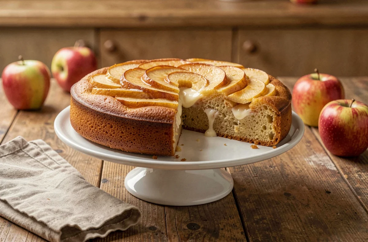Gâteau au yaourt et aux pommes caramélisées posé sur un présentoir en céramique blanche sur une table en bois rustique