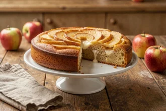 Gâteau au yaourt et aux pommes caramélisées posé sur un présentoir en céramique blanche sur une table en bois rustique
