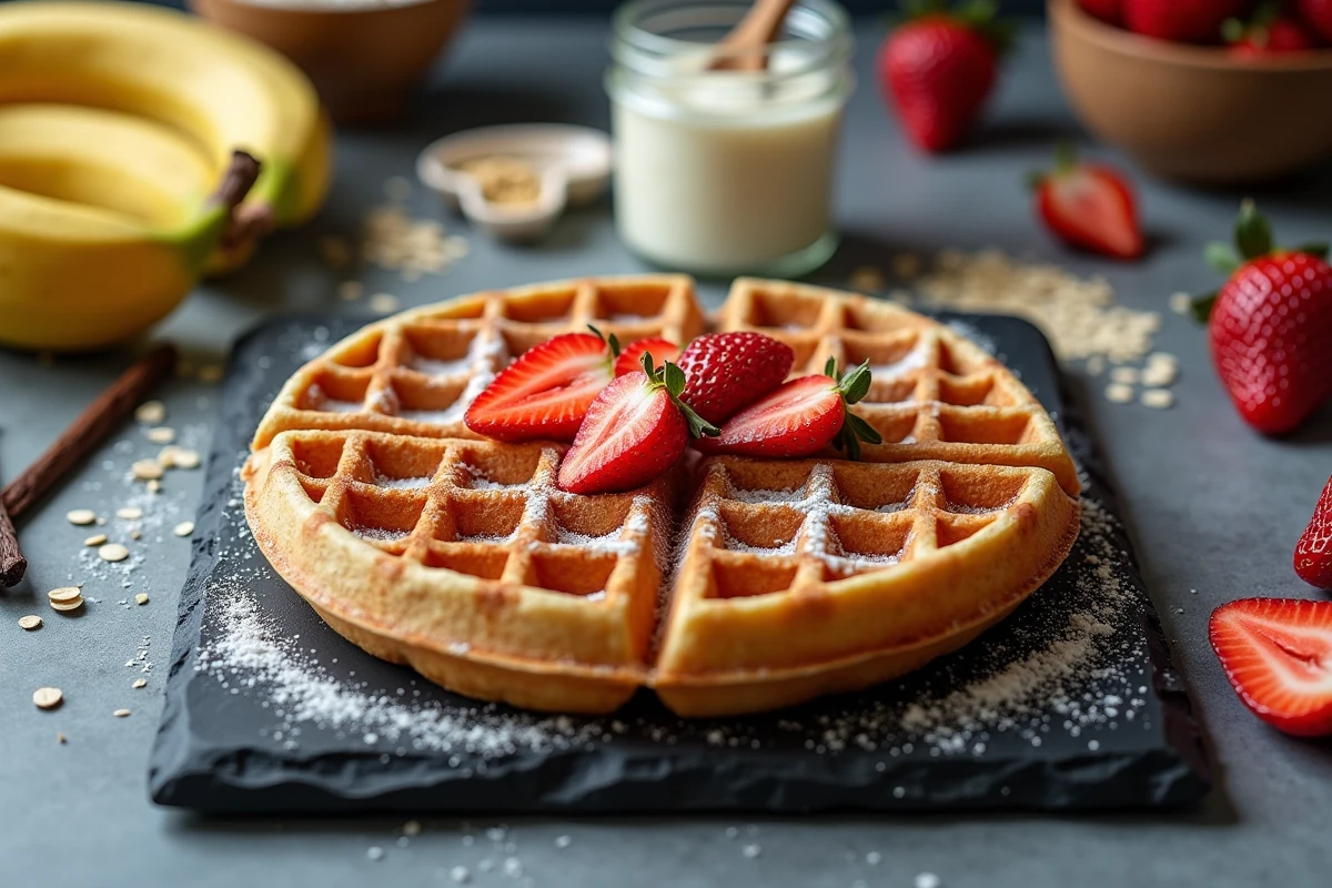 Gaufre vegan individuelle sur ardoise avec fraises, crème de cajou et sucre de coco sur plan de travail en béton