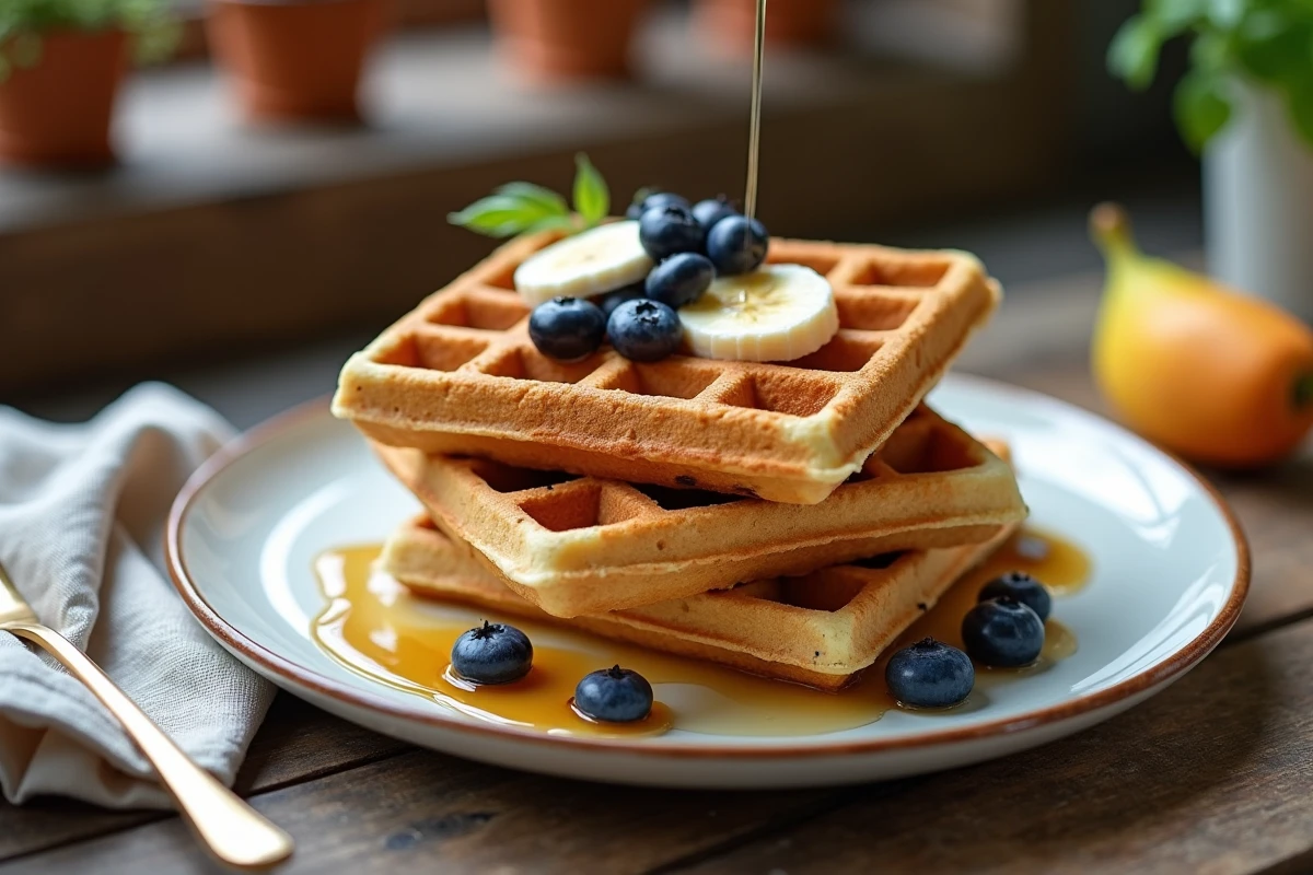 Gaufres vegan dorées et croustillantes empilées sur une assiette en céramique blanche avec myrtilles, banane et sirop d'érable