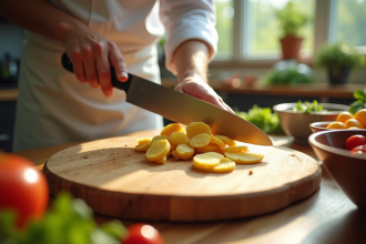 Gingembre frais tranché sur planche en cuisine lumineuse