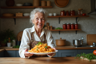 Grand-mère italienne souriante servant des pâtes maison dans sa cuisine