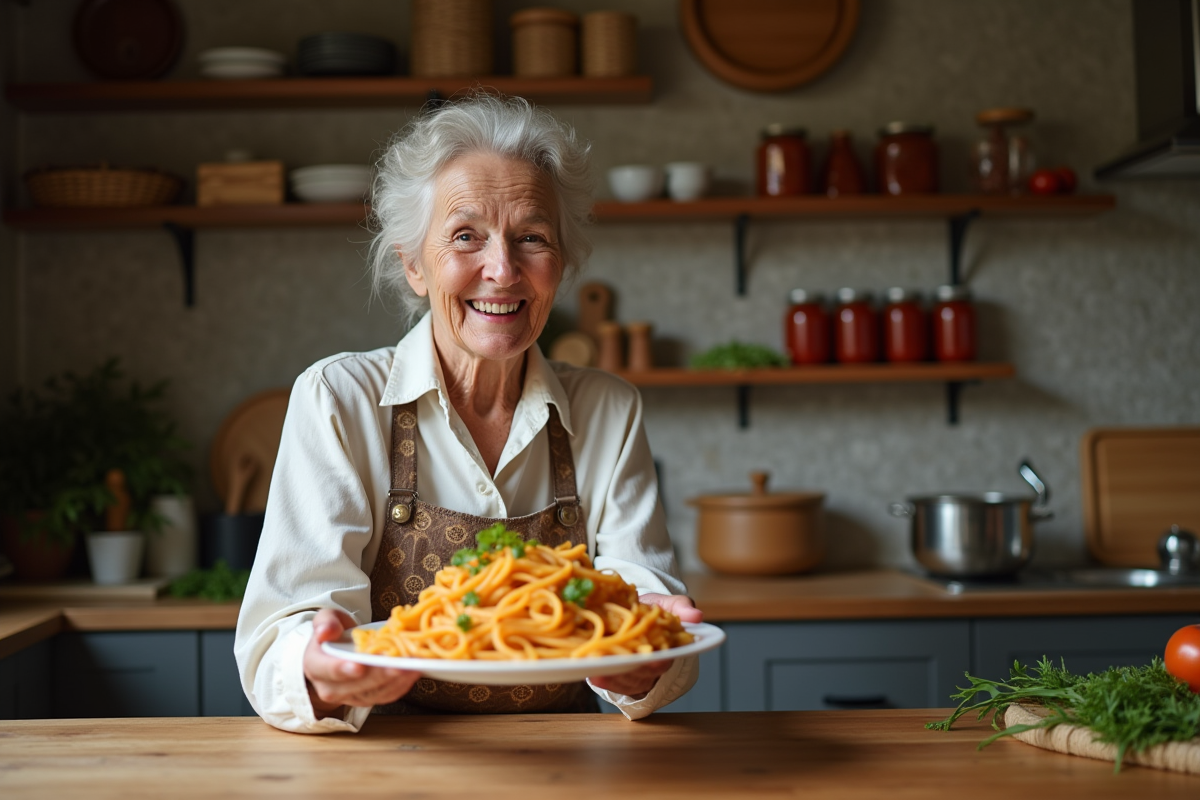 Grand-mère italienne souriante servant des pâtes maison dans sa cuisine