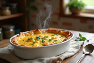Gratin de chou-fleur et pommes de terre doré et gratiné dans un plat ovale blanc posé sur une table en bois rustique