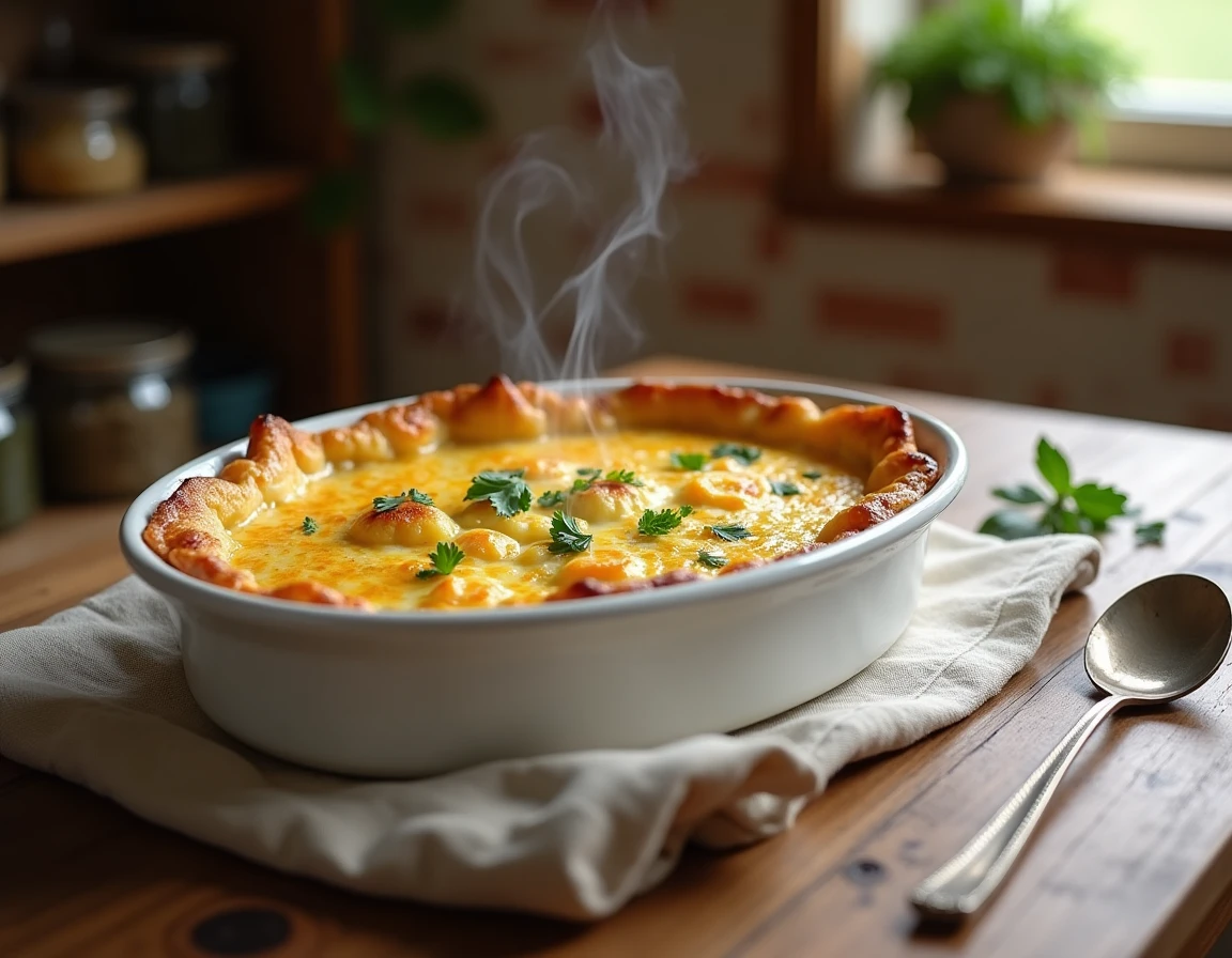 Gratin de chou-fleur et pommes de terre doré et gratiné dans un plat ovale blanc posé sur une table en bois rustique