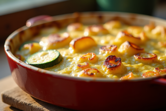 Gratin de courgettes et pommes de terre doré en plat rustique