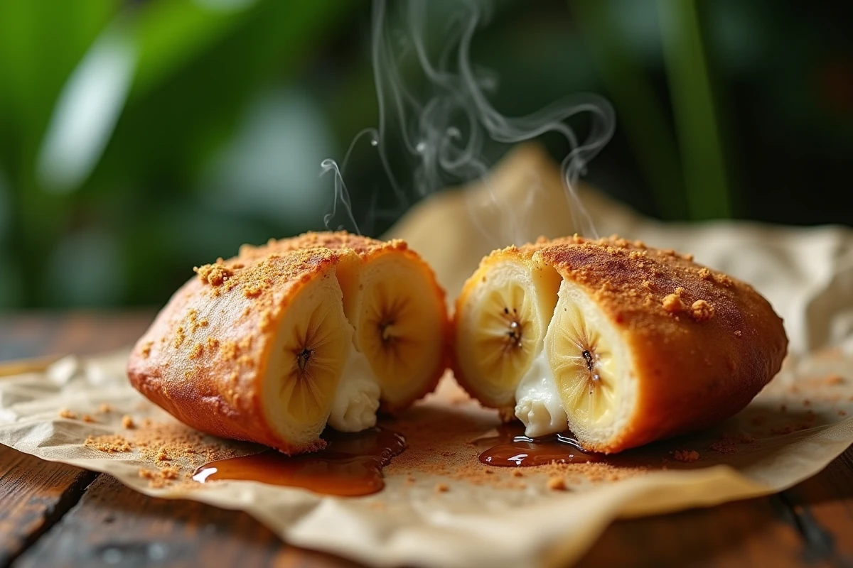 Gros plan d'un beignet à la banane coupé en deux révélant un cœur fondant aux graines de vanille, posé sur du papier sulfurisé avec des gouttes de rhum et de la cannelle