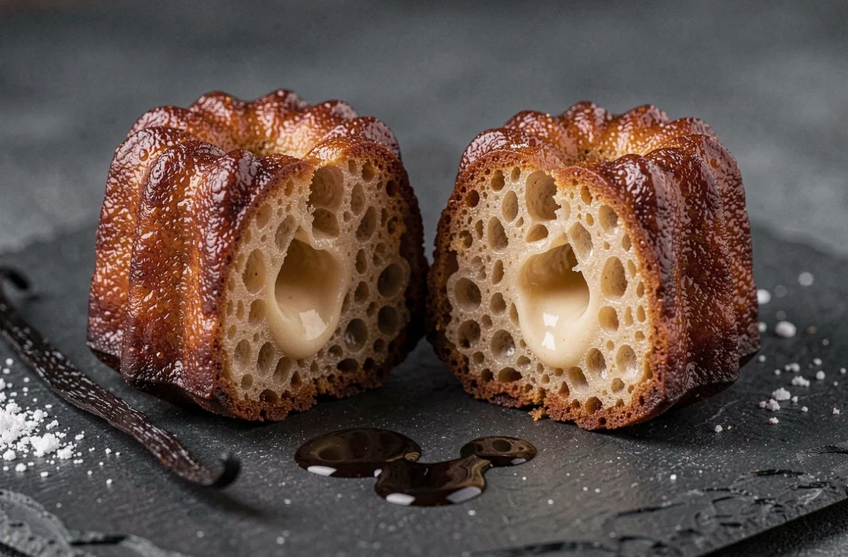 Gros plan de deux canelés posés sur une ardoise noire, l'un coupé en deux révélant la texture alvéolée et crémeuse de la mie dorée