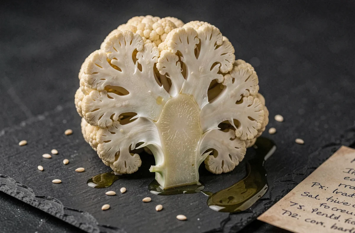 Gros plan d'une fleurette de chou-fleur coupée en deux révélant sa texture interne après cuisson sur une ardoise noire