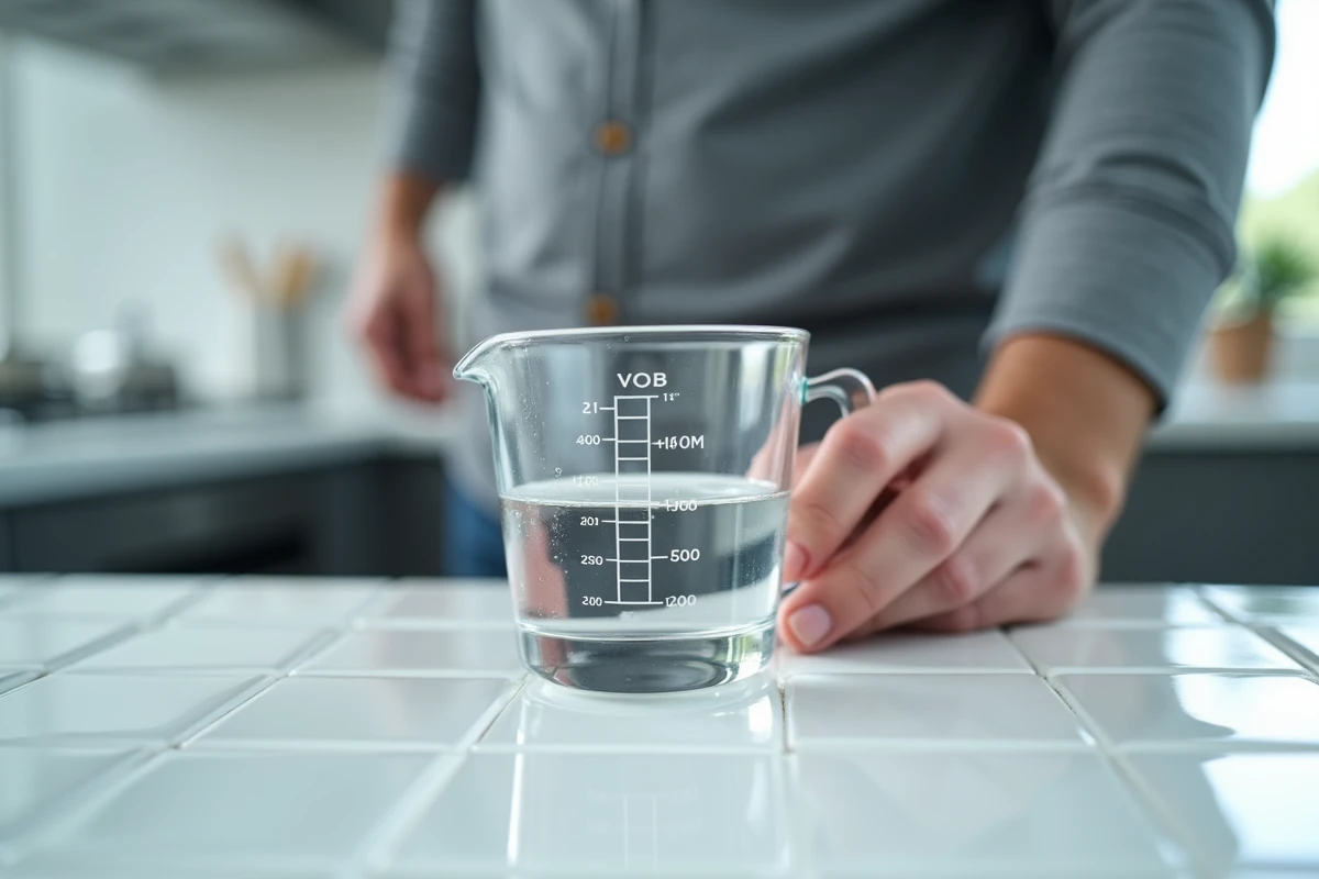 Gros plan sur un verre doseur transparent avec graduation en millilitres et centilitres, posé sur un carrelage blanc, illustrant les conversions de volume en cuisine