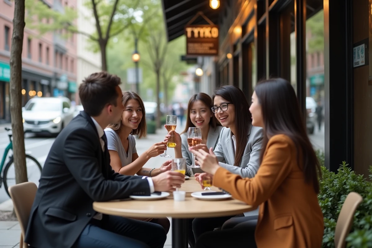Groupe de jeunes professionnels déjeunant en ville
