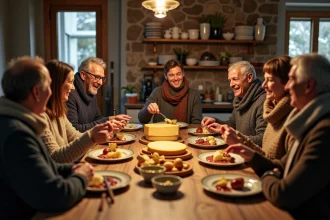 Groupe d'adultes souriants autour d'une raclette chaleureuse