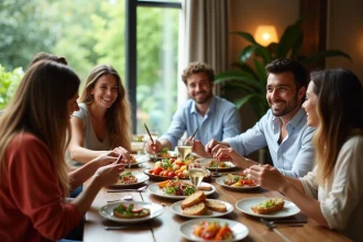 Groupe d'amis souriants autour d'un apéro dinatoire convivial