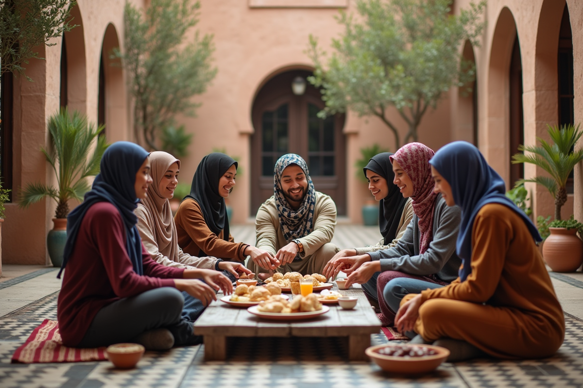 Jeunes adultes partageant du batbout farci en extérieur