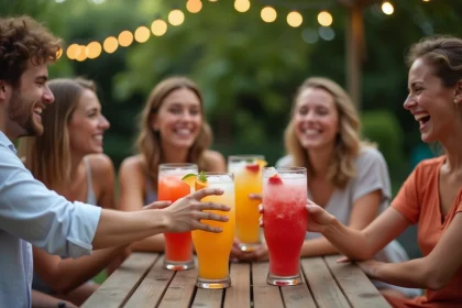Groupe d'amis riant avec punch glacé en été