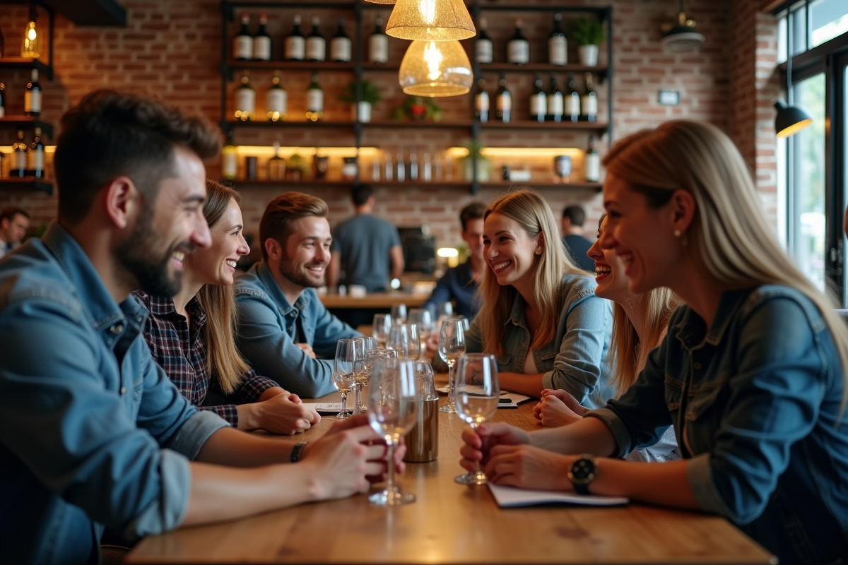 Groupe d'amis riant dans un restaurant urbain convivial